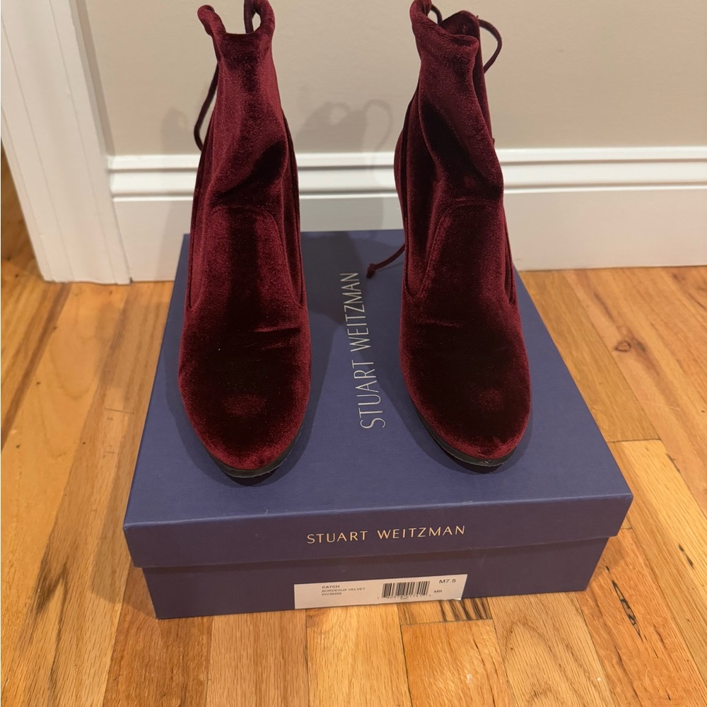 Stuart Weitzman Women's Deep Red Velvet Ankle Boots